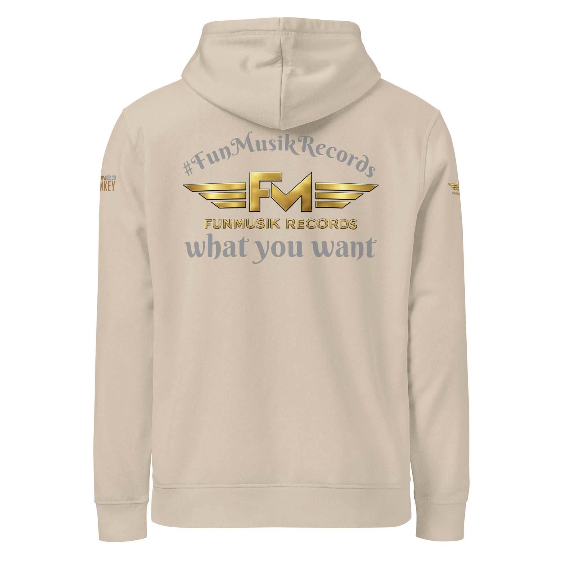 Unisex Bio-Hoodie von Sportswear Iron Monkey 23, nachhaltiger Midweight Hoodie mit Drumermotiv in Desert Dust, Rückenansicht.