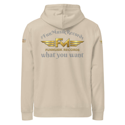 Unisex Bio-Hoodie von Sportswear Iron Monkey 23, nachhaltiger Midweight Hoodie mit Drumermotiv in Desert Dust, Rückenansicht.