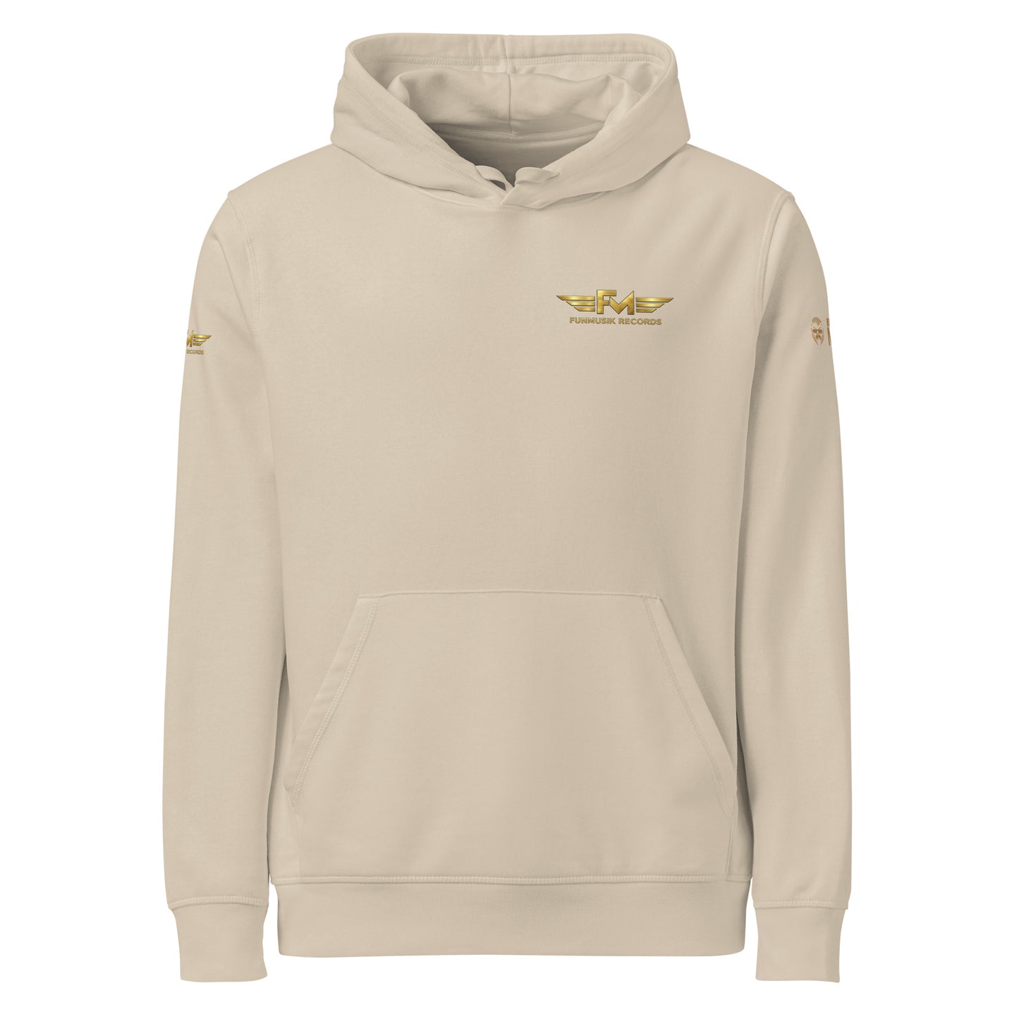 Unisex Bio-Hoodie von Sportswear Iron Monkey 23 mit Drum-Motiv im Desert Dust Design, aus nachhaltiger Bio-Baumwolle, Vorderansicht.