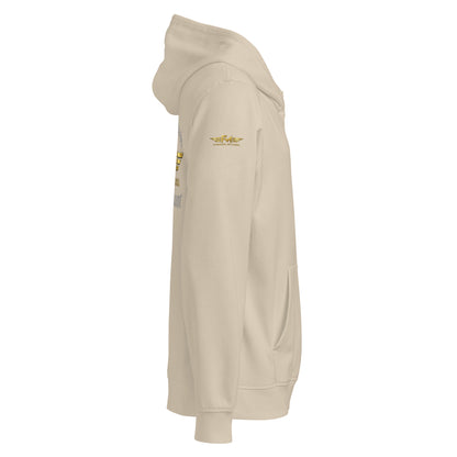 Unisex Bio-Hoodie von Sportswear Iron Monkey 23, nachhaltiger Midweight Hoodie mit Drumermotiv in Desert Dust Farbe.
