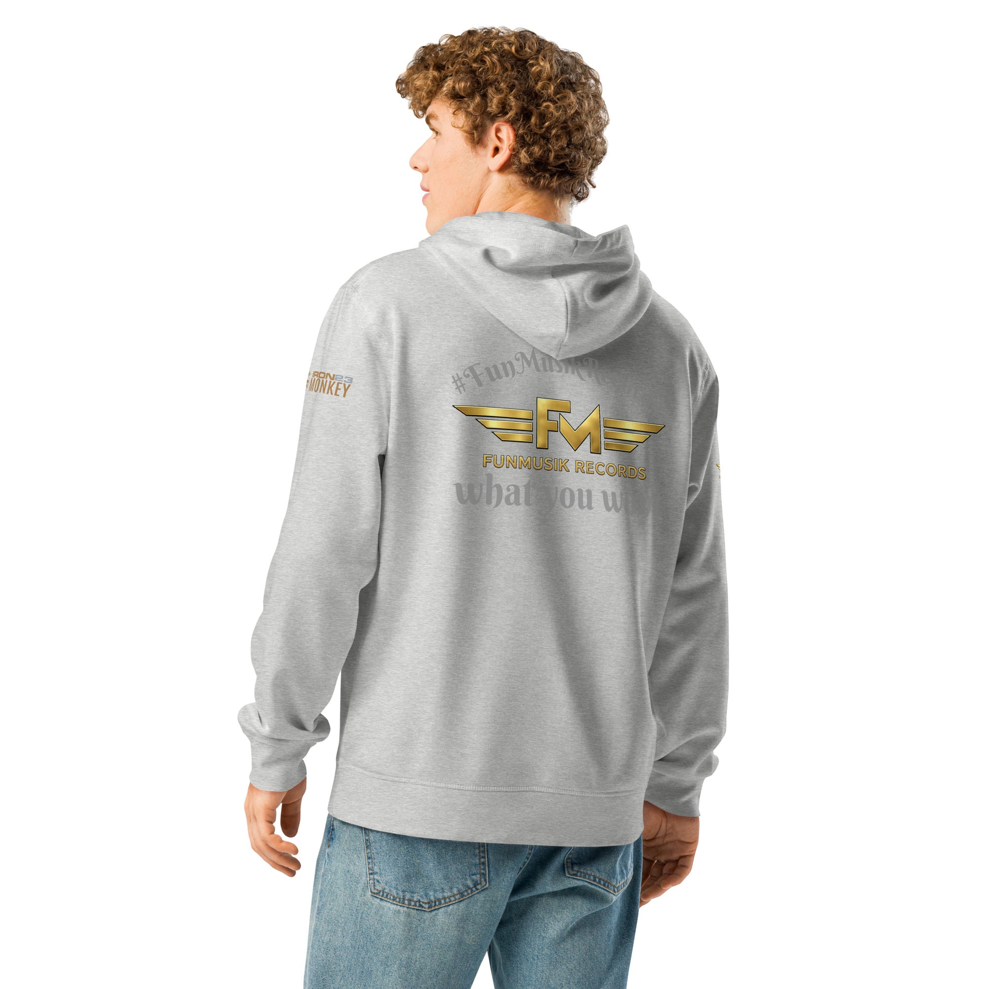 Unisex Bio-Hoodie von Sportswear Iron Monkey 23 aus nachhaltigem Midweight-Stoff, heather-grau, Rückenansicht, mit Drum-Design.