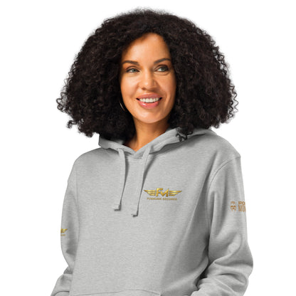 Unisex Bio-Hoodie von Sportswear Iron Monkey 23, nachhaltiger Midweight Hoodie in Heather-Grau, mit Drummer-Design vorne.