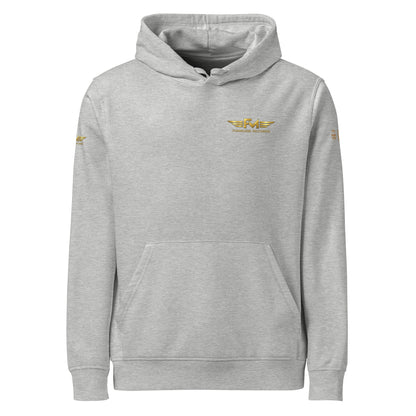 Unisex Bio-Hoodie von Sportswear Iron Monkey 23, nachhaltiger Midweight Hoodie in Heather-Grau, mit Drum-Motiv vorne.