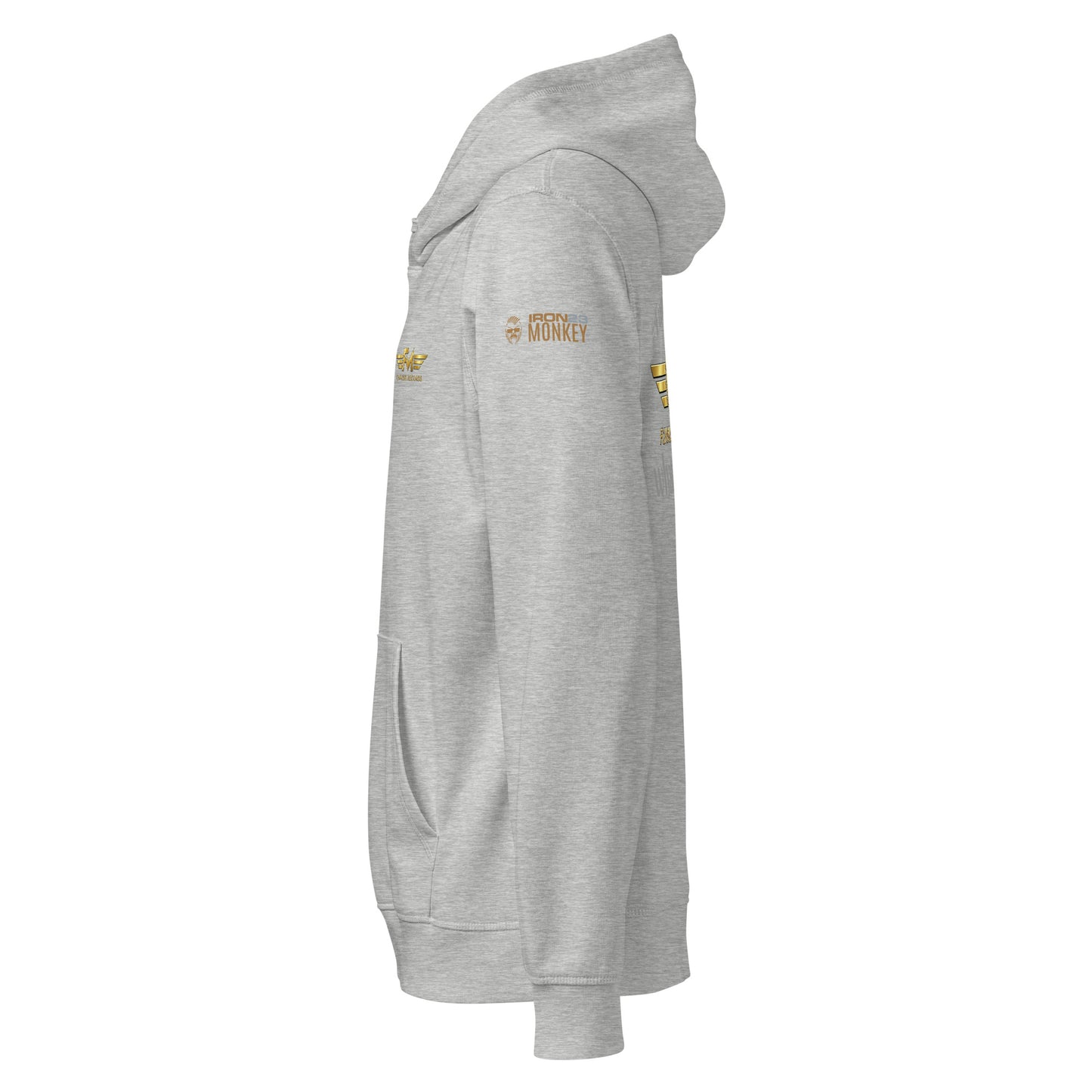 Unisex Bio-Hoodie von Sportswear Iron Monkey 23 in heather grey, nachhaltiger Midweight Hoodie mit Drum-Design, vorne links sichtbar.