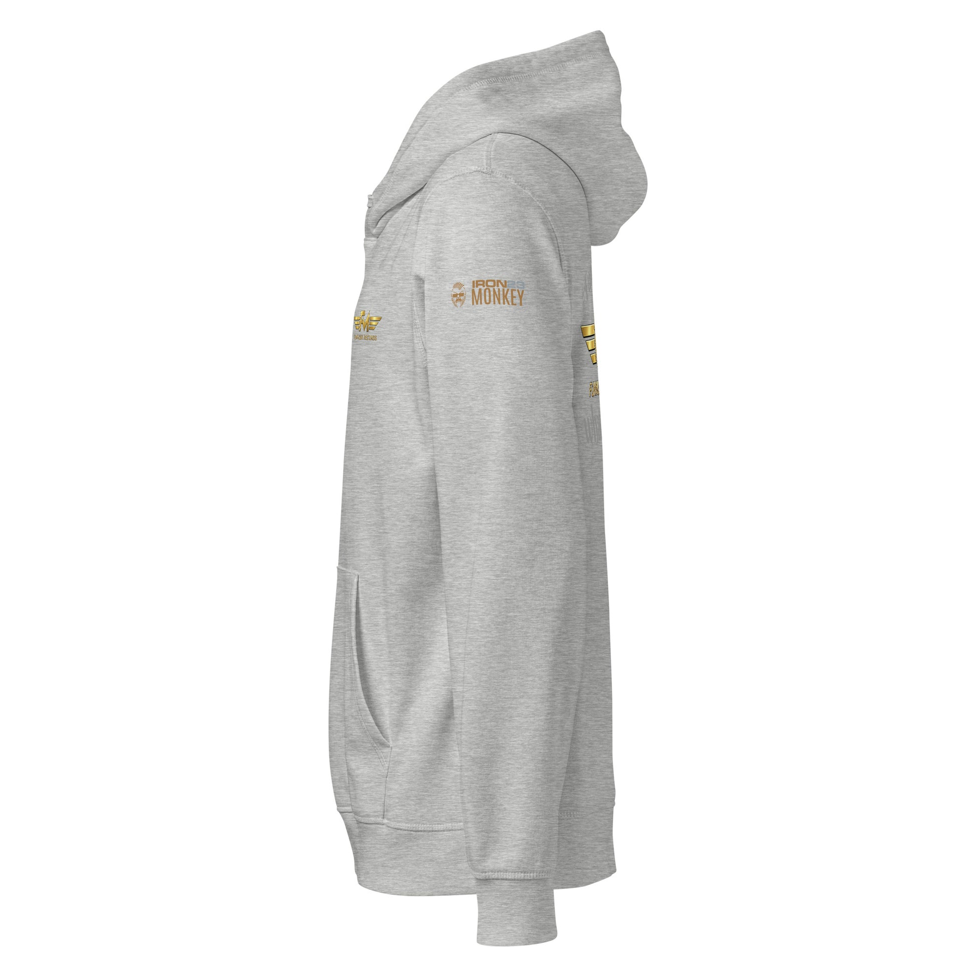 Unisex Bio-Hoodie von Sportswear Iron Monkey 23 in heather grey, nachhaltiger Midweight Hoodie mit Drum-Design, vorne links sichtbar.