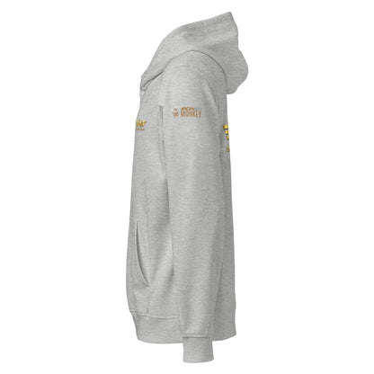 Unisex Bio-Hoodie von Sportswear Iron Monkey 23 in heather grey, nachhaltiger Midweight Hoodie mit Drum-Design, vorne links sichtbar.