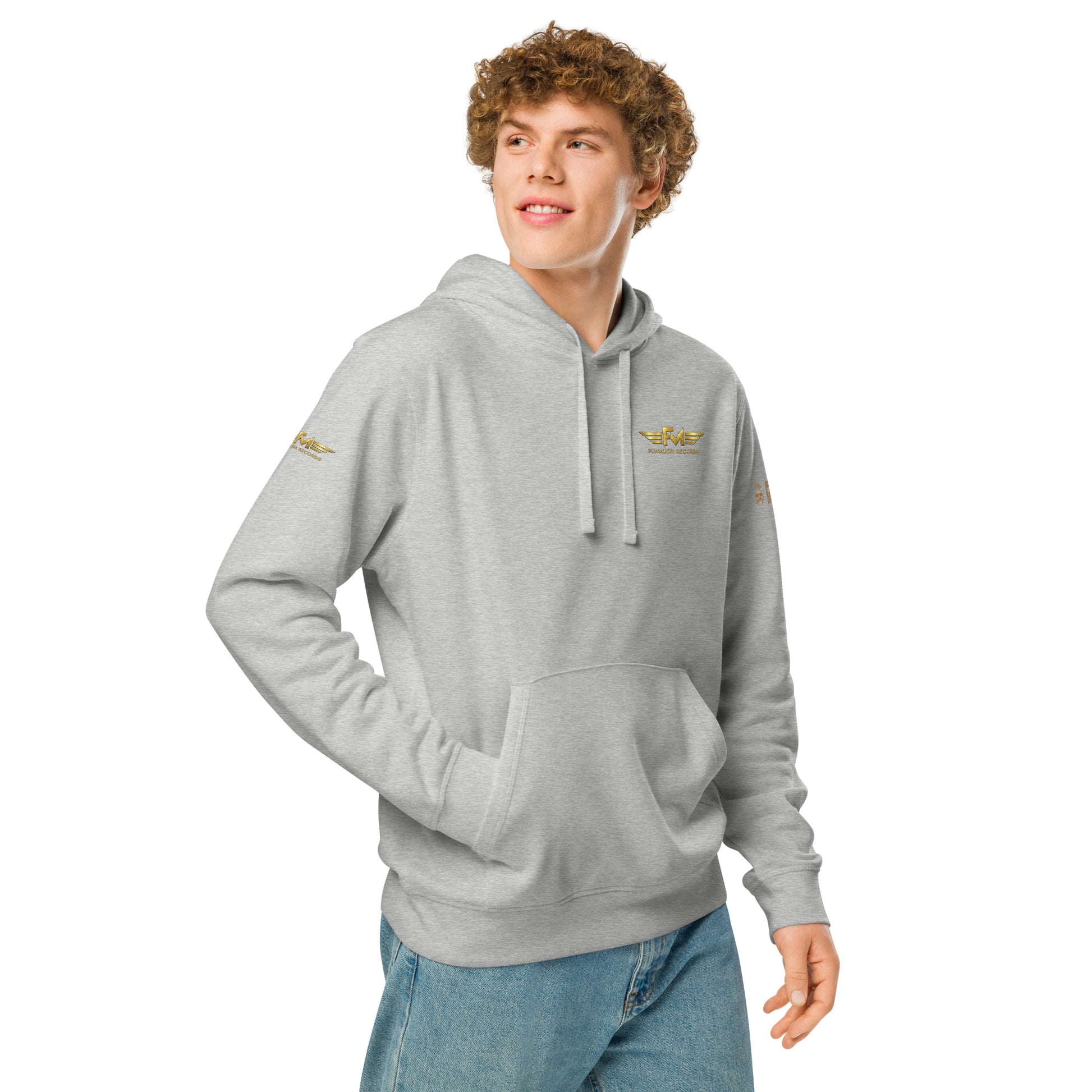 Unisex Bio-Hoodie von Sportswear Iron Monkey 23 in Heather-Grau, nachhaltiger Midweight-Hoodie mit Drumermotiv, rechte Vorderseite.