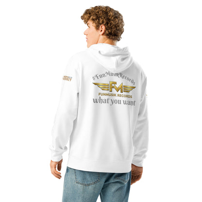 Unisex Bio-Hoodie von Sportswear Iron Monkey 23, nachhaltiger Midweight Hoodie in Weiß, Rückenansicht mit Musiker-Design.