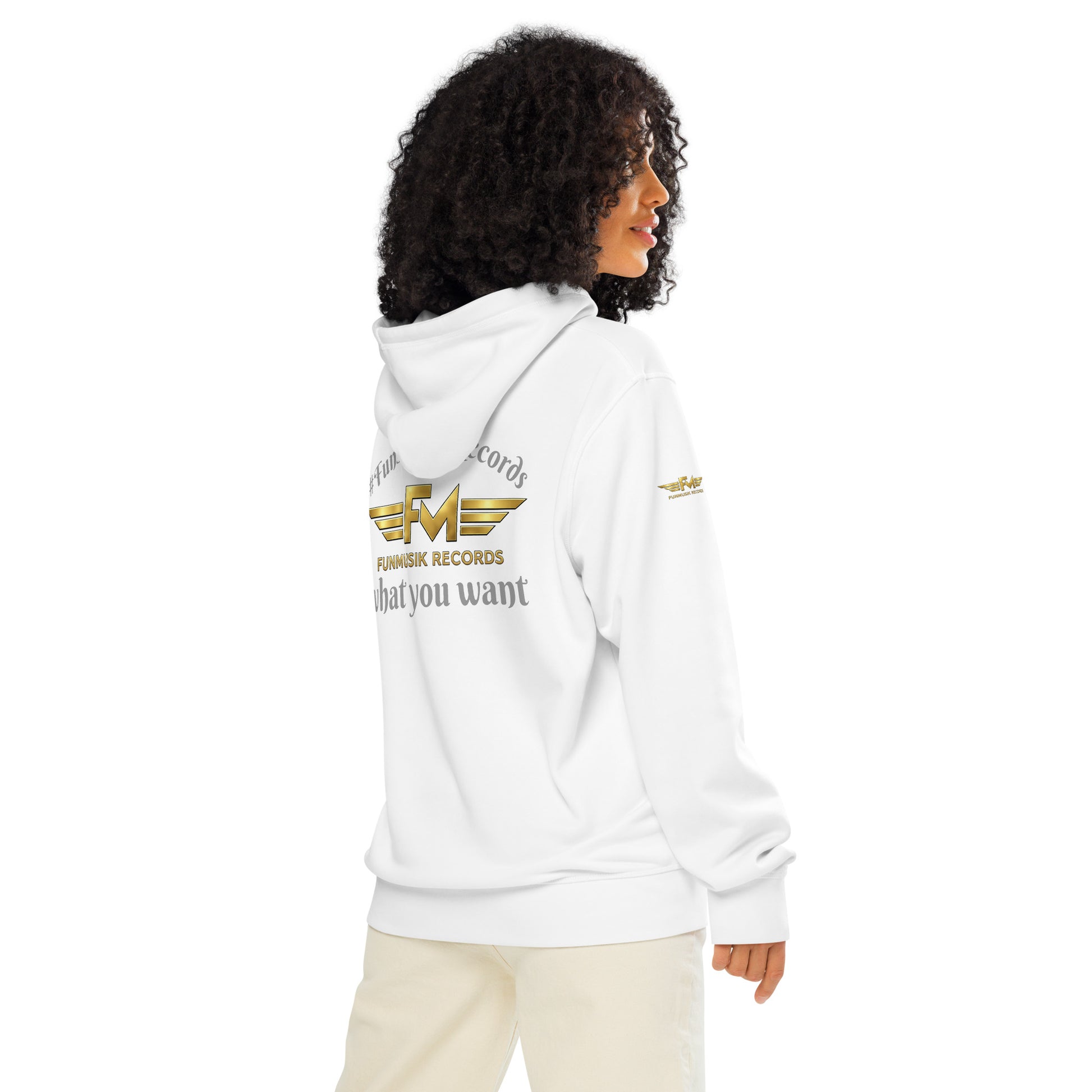 Unisex Bio-Hoodie von Sportswear Iron Monkey 23, nachhaltiger Midweight Hoodie mit Trommler-Design in Weiß, Rückenansicht