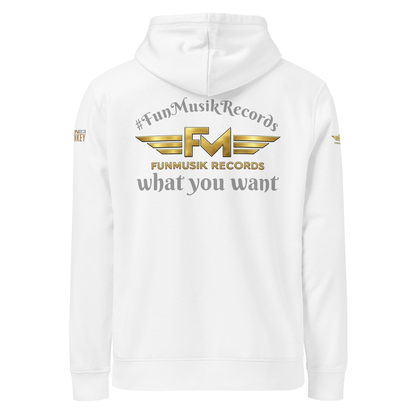Unisex Bio-Hoodie von Sportswear Iron Monkey 23, nachhaltiger Midweight Hoodie, weiß, Rückenansicht mit Musiker-Design.