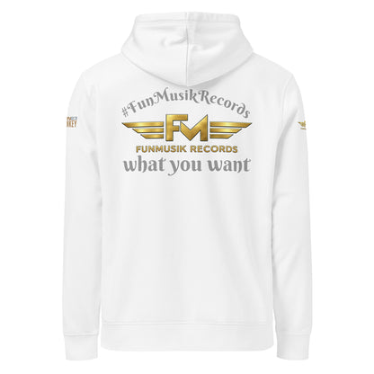 Unisex Bio-Hoodie von Sportswear Iron Monkey 23, nachhaltiger Midweight Hoodie, weiß, Rückenansicht mit Musiker-Design.
