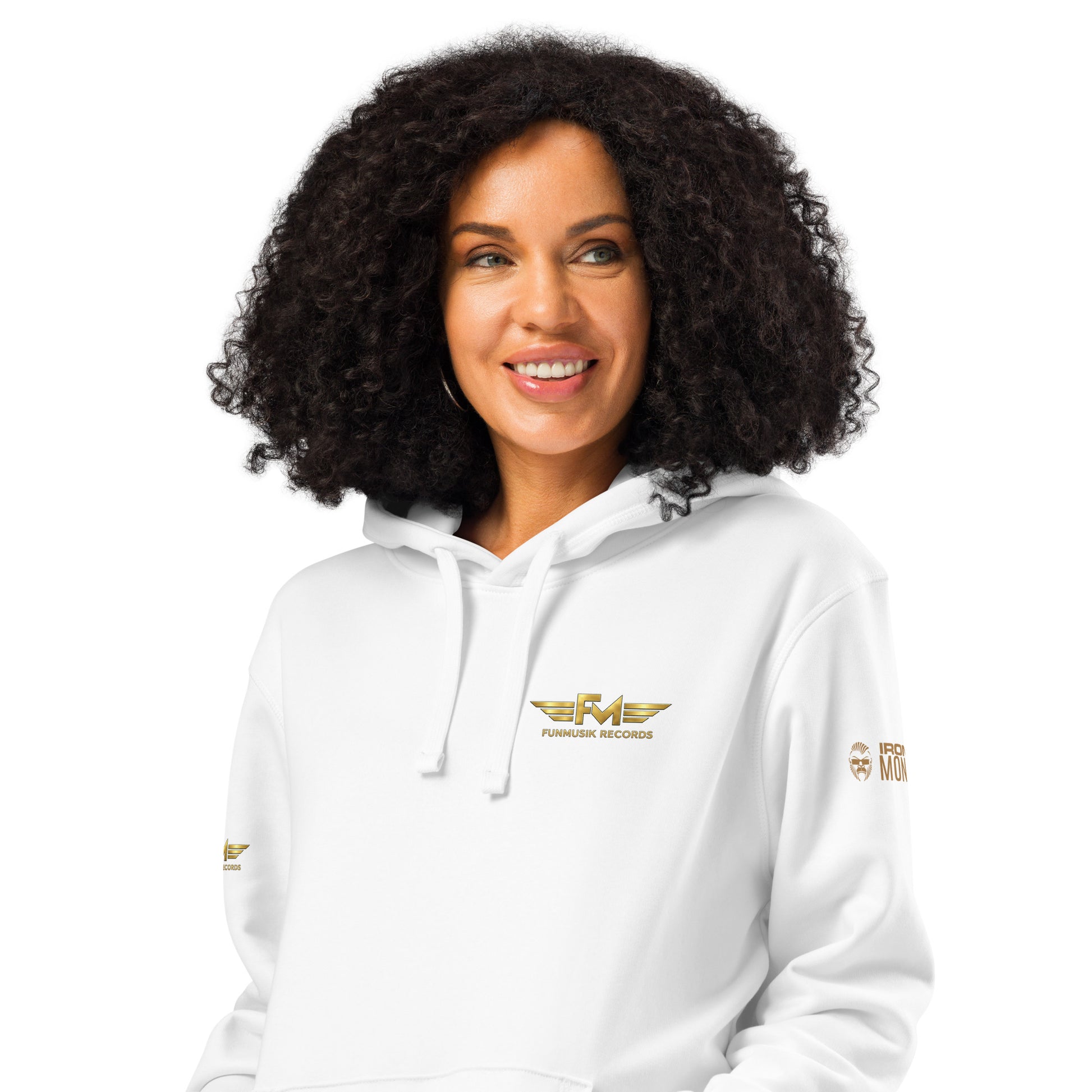 Unisex Bio-Hoodie von Sportswear Iron Monkey 23, nachhaltiger Midweight Hoodie mit Drumermotiv in Weiß, Frontansicht.