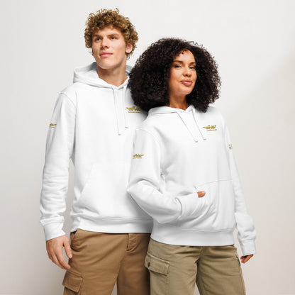 Weißer Unisex Bio-Hoodie von Sportswear Iron Monkey 23 mit Drum-Motiv, nachhaltiger Midweight Hoodie, vorne sichtbar.