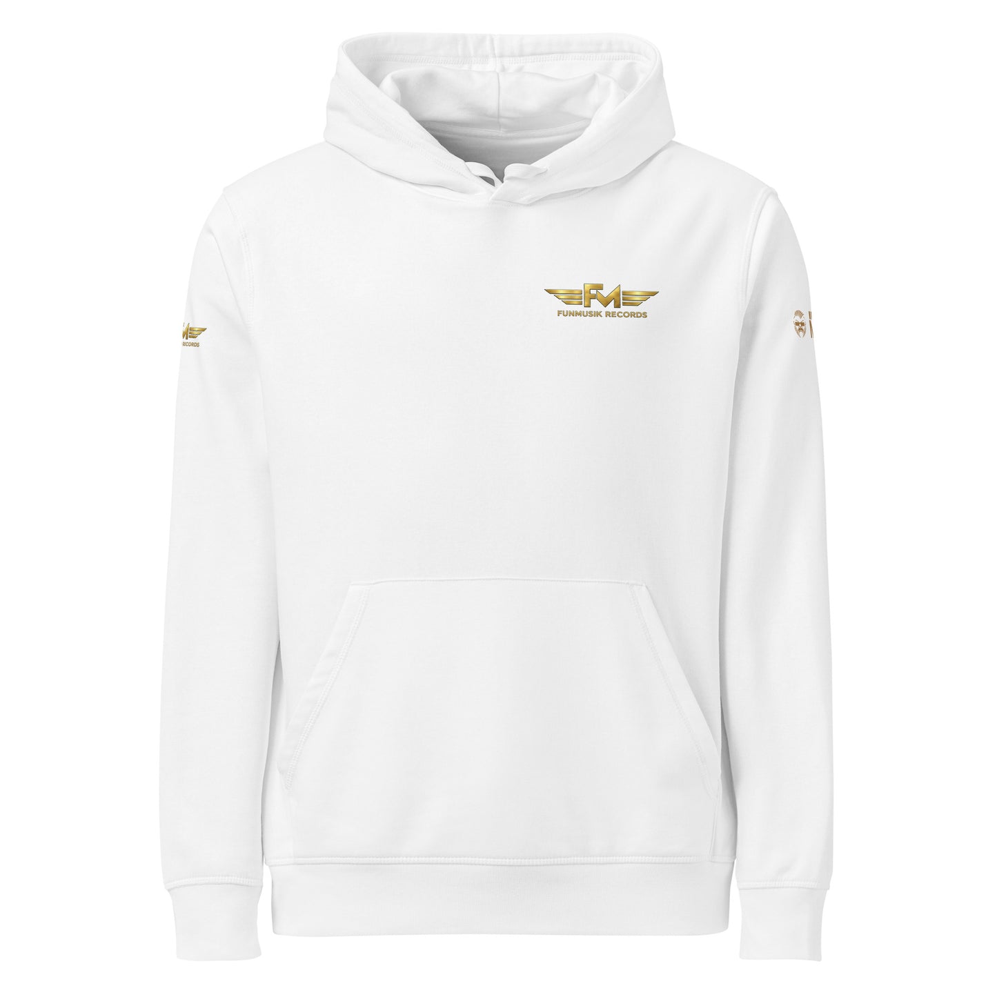 Unisex Bio-Hoodie von Sportswear Iron Monkey 23, nachhaltiger Midweight Hoodie in Weiß mit Drum-Motiv vorne.