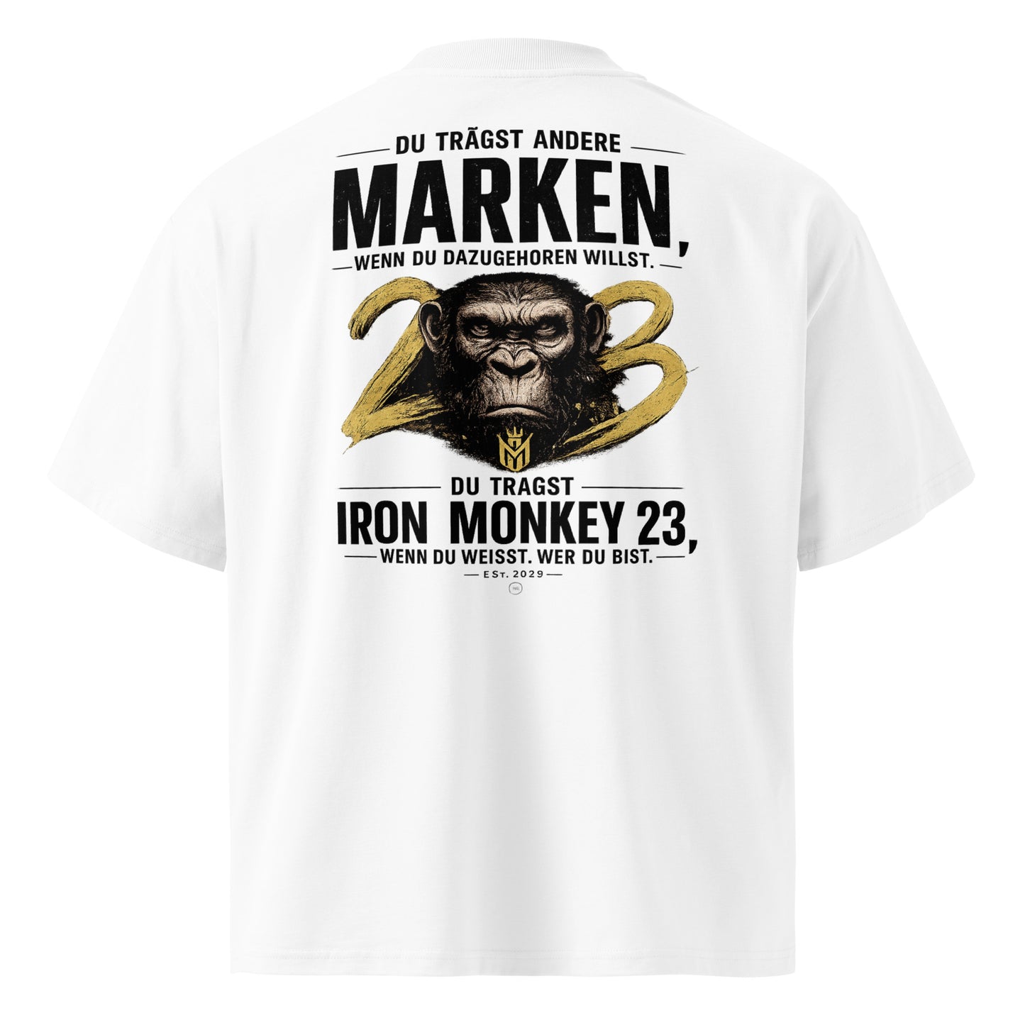 Weißes oversized Bio-T-Shirt für Unisex, aus 100% Bio-Baumwolle, mit hohem Kragen, von Sportswear Iron Monkey 23.