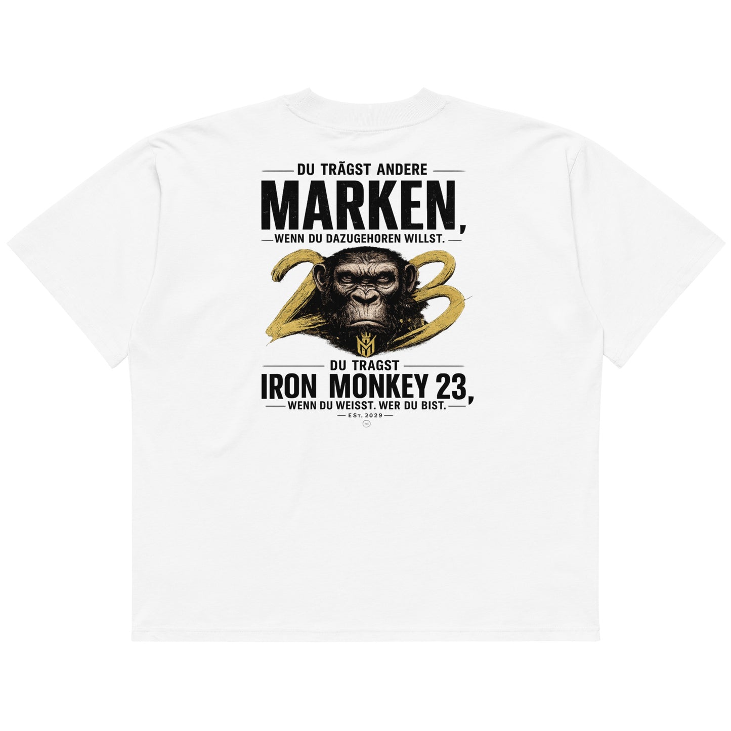 Weißes oversized Bio-T-Shirt für Unisex von Sportswear Iron Monkey 23 mit hohem Kragen, aus 100% Bio-Baumwolle, Rückenansicht