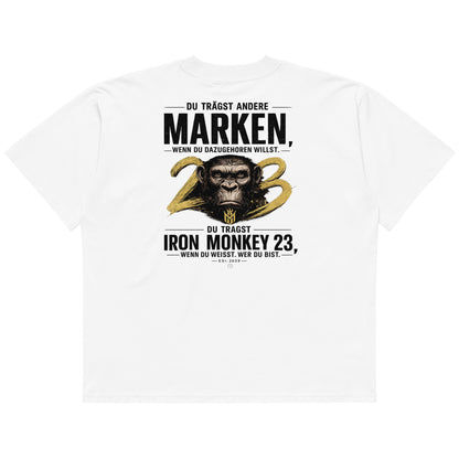 Weißes oversized Bio-T-Shirt für Unisex von Sportswear Iron Monkey 23 mit hohem Kragen, aus 100% Bio-Baumwolle, Rückenansicht