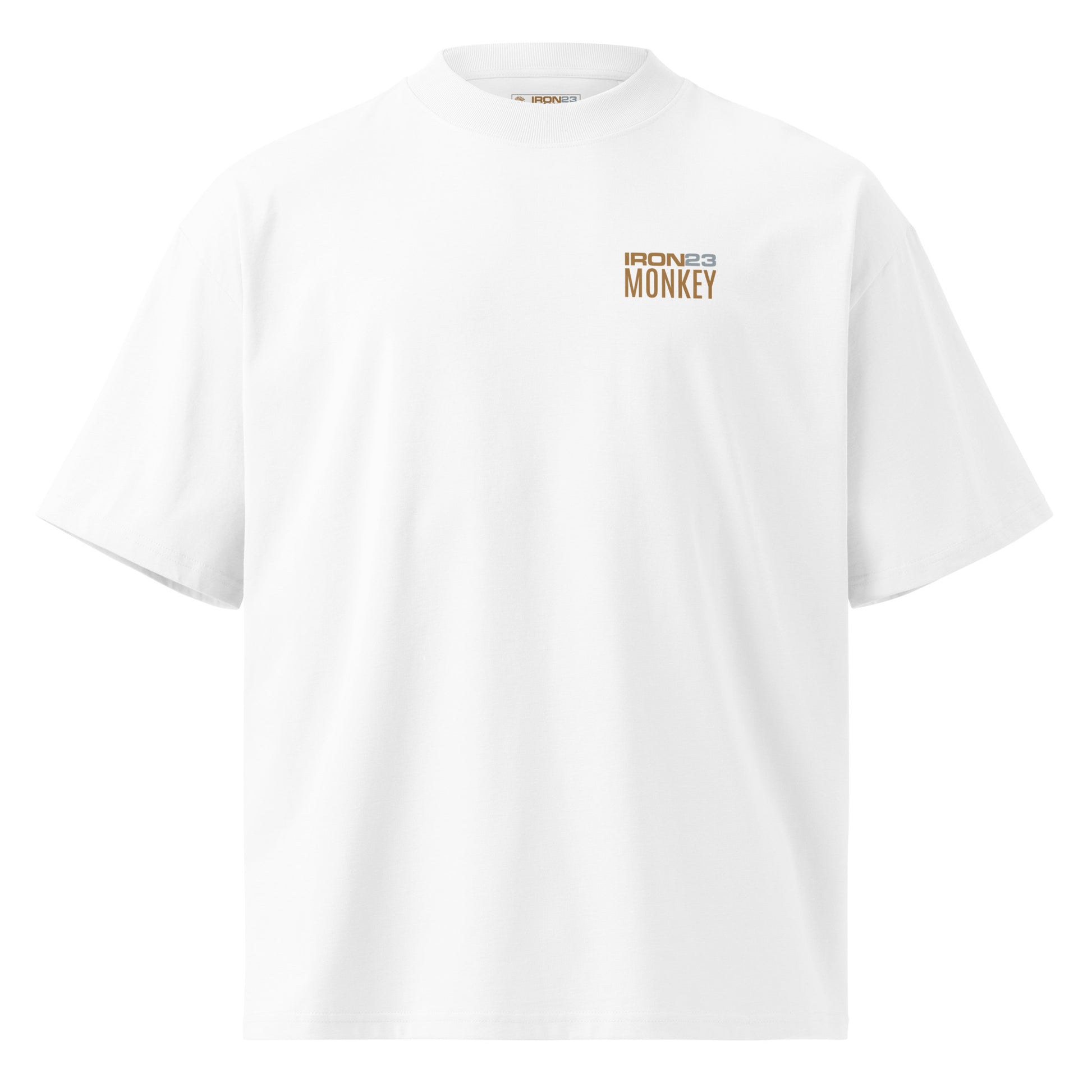Unisex Bio-T-Shirt von Sportswear Iron Monkey 23, oversized, weiß, hoher Kragen, aus 100% Bio-Baumwolle im Streetwear-Stil