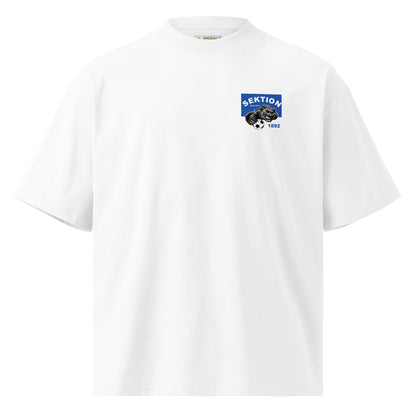 Unisex Bio-T-Shirt von Sportswear Iron Monkey 23, oversized mit weitem Kragen, weiß, Vorderansicht, nachhaltige Baumwolle.