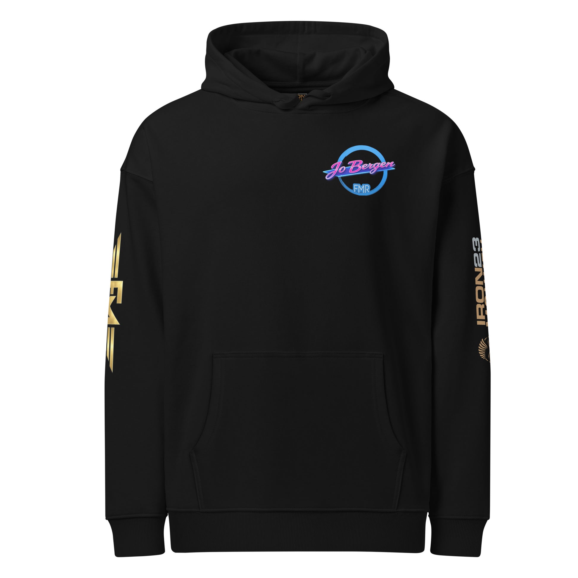 Unisex Bio-Hoodie von Iron Monkey 23 im relaxed Schnitt, schwarz, aus nachhaltiger Bio-Baumwolle, vorne sichtbar.
