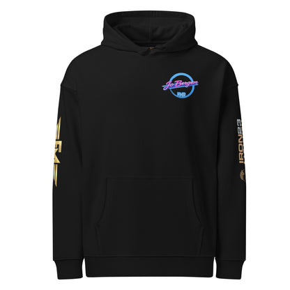 Unisex Bio-Hoodie von Iron Monkey 23 im relaxed Schnitt, schwarz, aus nachhaltiger Bio-Baumwolle, vorne sichtbar.