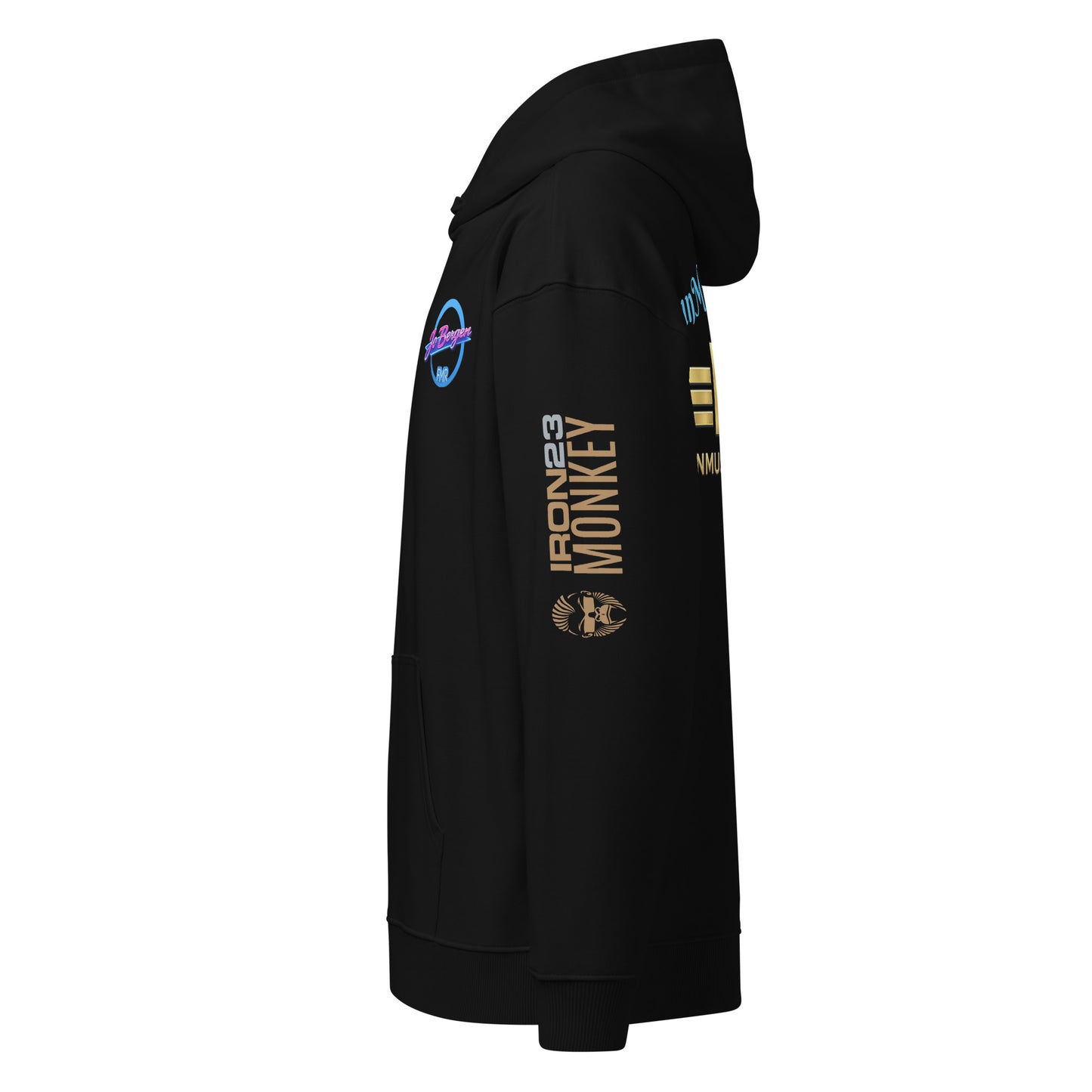Lockerer schwarzer Unisex Bio-Hoodie von Sportswear Iron Monkey 23, nachhaltiges Oversized-Design, entspanntes Tragegefühl.