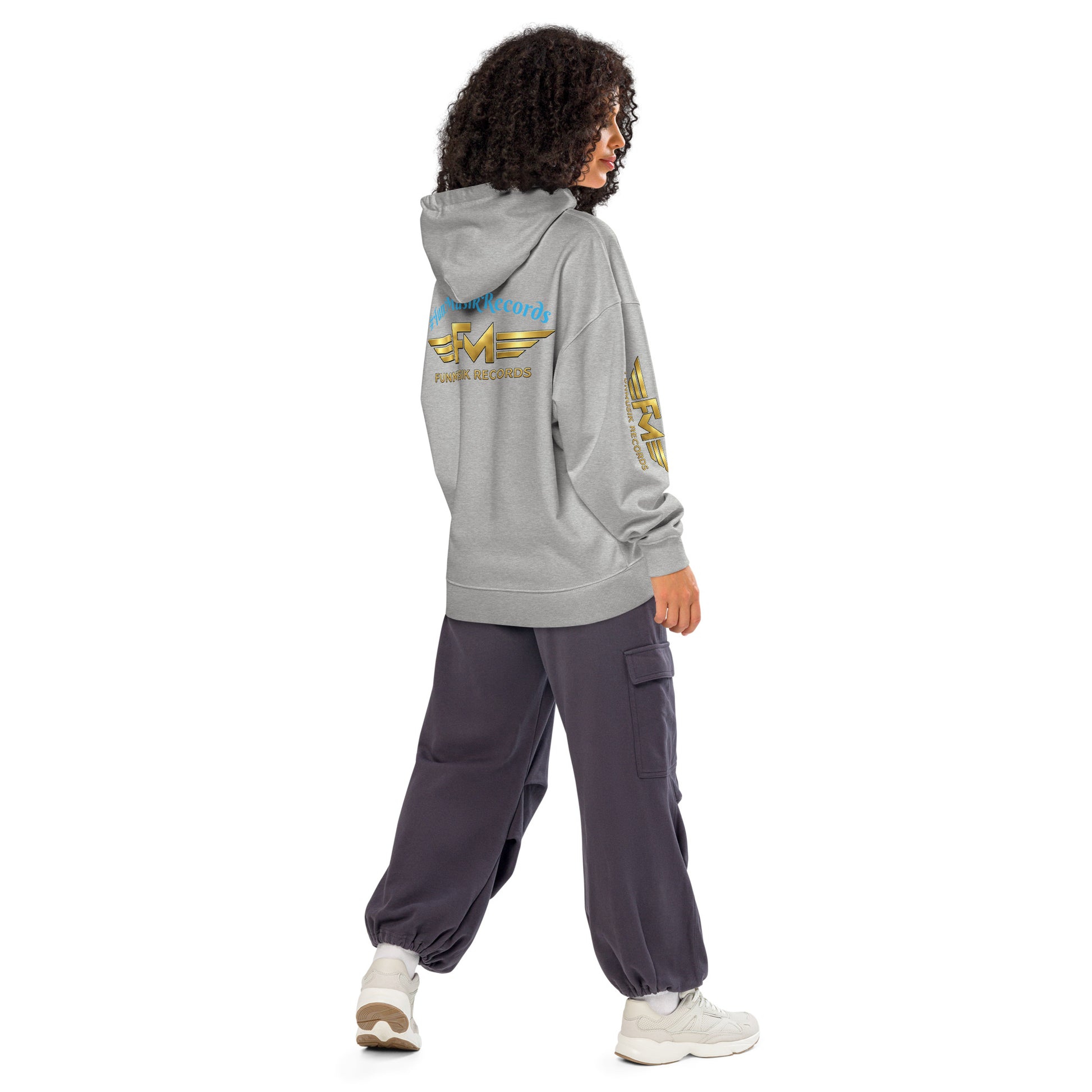 Unisex Bio-Hoodie von Iron Monkey 23, locker geschnitten, heather-grau, nachhaltiges Bioware, Rückenansicht, bequeme Sportswear.