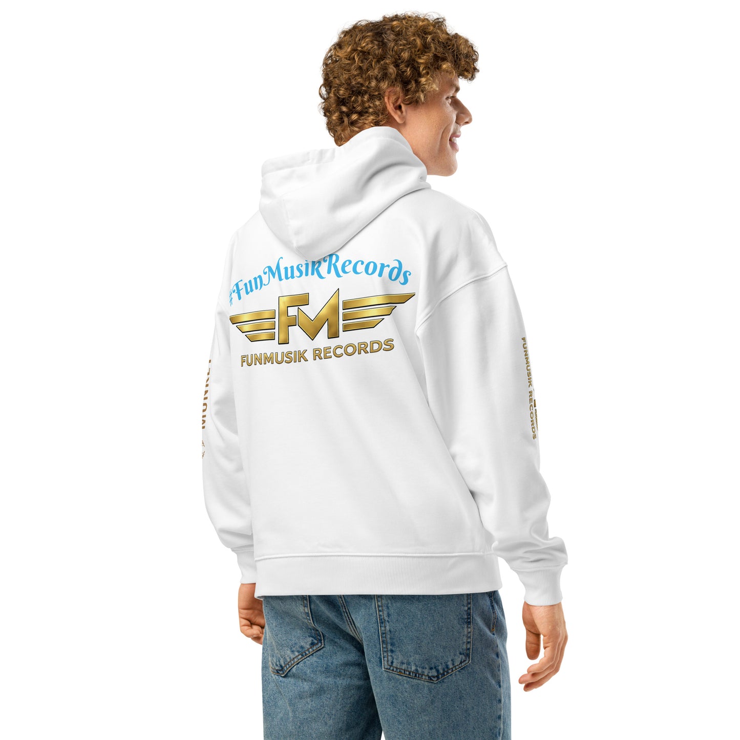 Weißer unisex Bio-Hoodie von Iron Monkey 23, locker und oversized, aus nachhaltiger Bio-Baumwolle, Rückansicht.