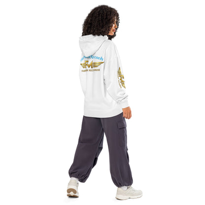 Weißer unisex Bio-Hoodie von Sportswear Iron Monkey 23, lockerer Schnitt, nachhaltiges Bio-Material, Rückansicht.