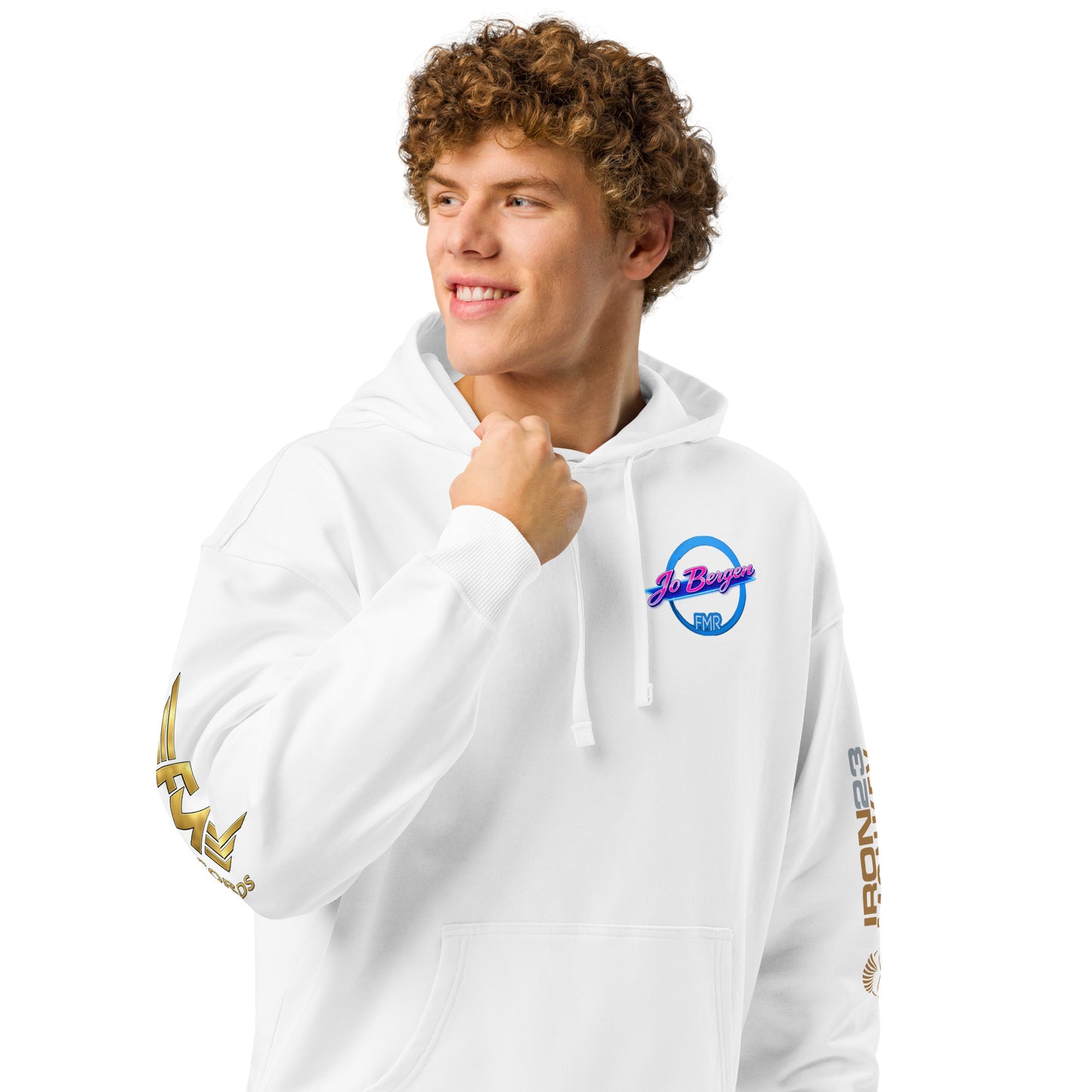 Unisex Bio-Hoodie von Sportswear Iron Monkey 23, lockeres Oversized-Design in Weiß, nachhaltige Bio-Baumwolle, vorderseitig sichtbar