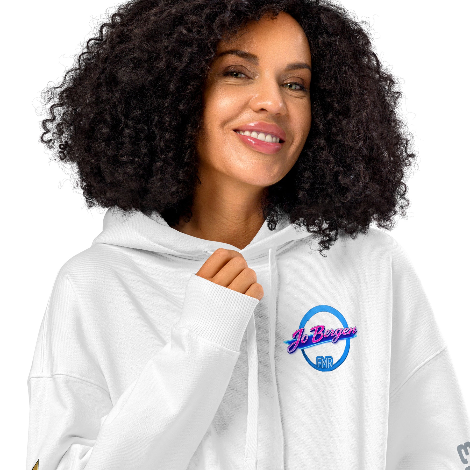 Unisex Bio-Hoodie von Sportswear Iron Monkey 23, lockerer Schnitt, weiß, nachhaltiges Bio-Material, vorne sichtbar.