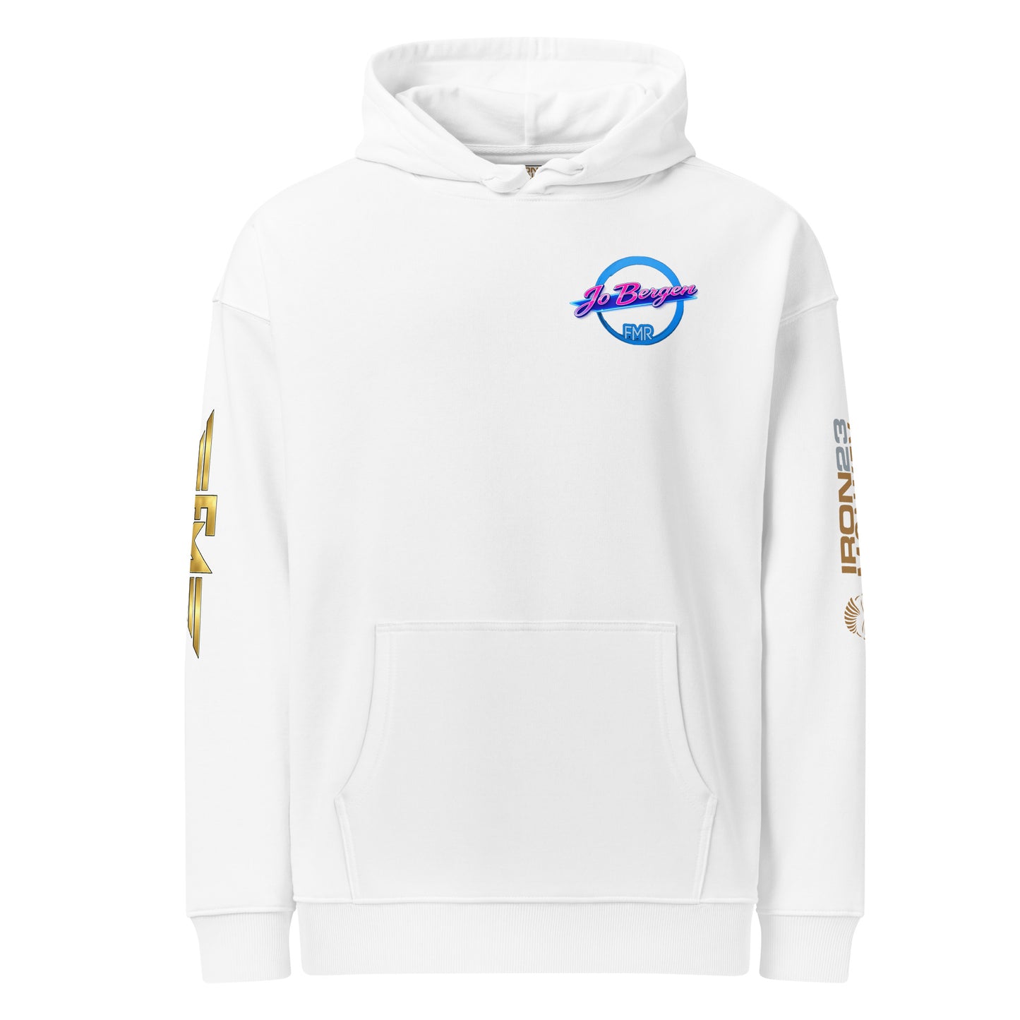 Unisex Bio-Hoodie von Sportswear Iron Monkey 23, lockere Passform, nachhaltige Bio-Baumwolle, weiß, Frontansicht