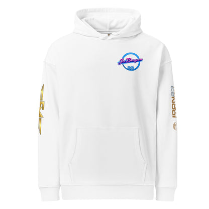 Unisex Bio-Hoodie von Sportswear Iron Monkey 23, lockere Passform, nachhaltige Bio-Baumwolle, weiß, Frontansicht