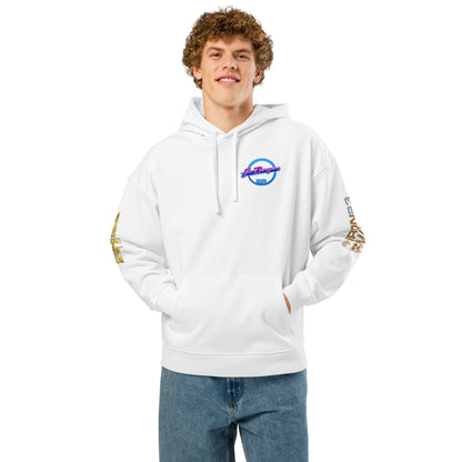 Weißer Unisex Bio-Hoodie von FMR × Jo Bergen, lockerer Schnitt, nachhaltige Sportswear, Frontansicht.