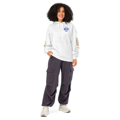 Unisex Bio-Hoodie von Sportswear Iron Monkey 23, entspannter Oversized-Style in Weiß, nachhaltiges Bio-Material, vorne sichtbar.