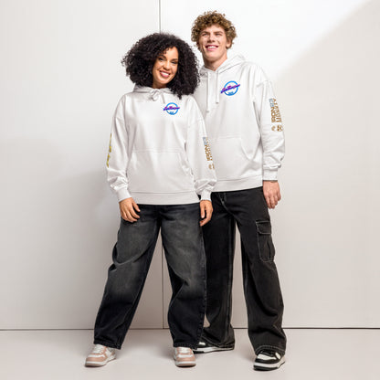 Weißer unisex Bio-Hoodie von Sportswear Iron Monkey 23, lockeres Oversized-Design, nachhaltiges Material, Frontansicht.