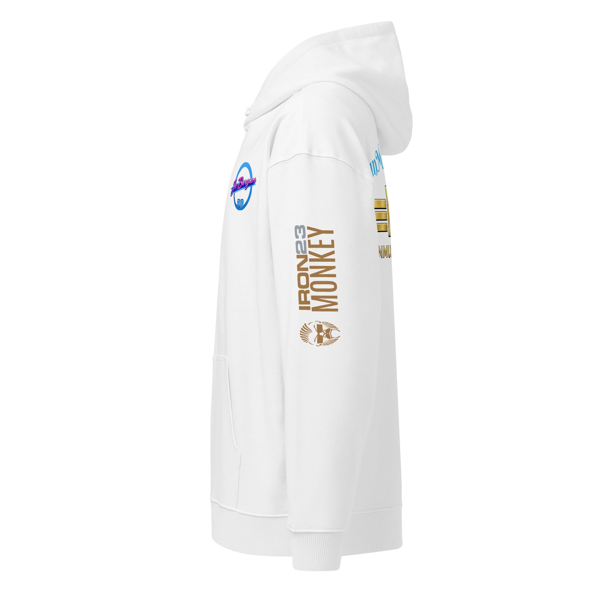Weißer, lockerer Unisex Bio-Hoodie von FMR × Jo Bergen, Oversized und nachhaltig, liegt auf einer weißen Oberfläche.