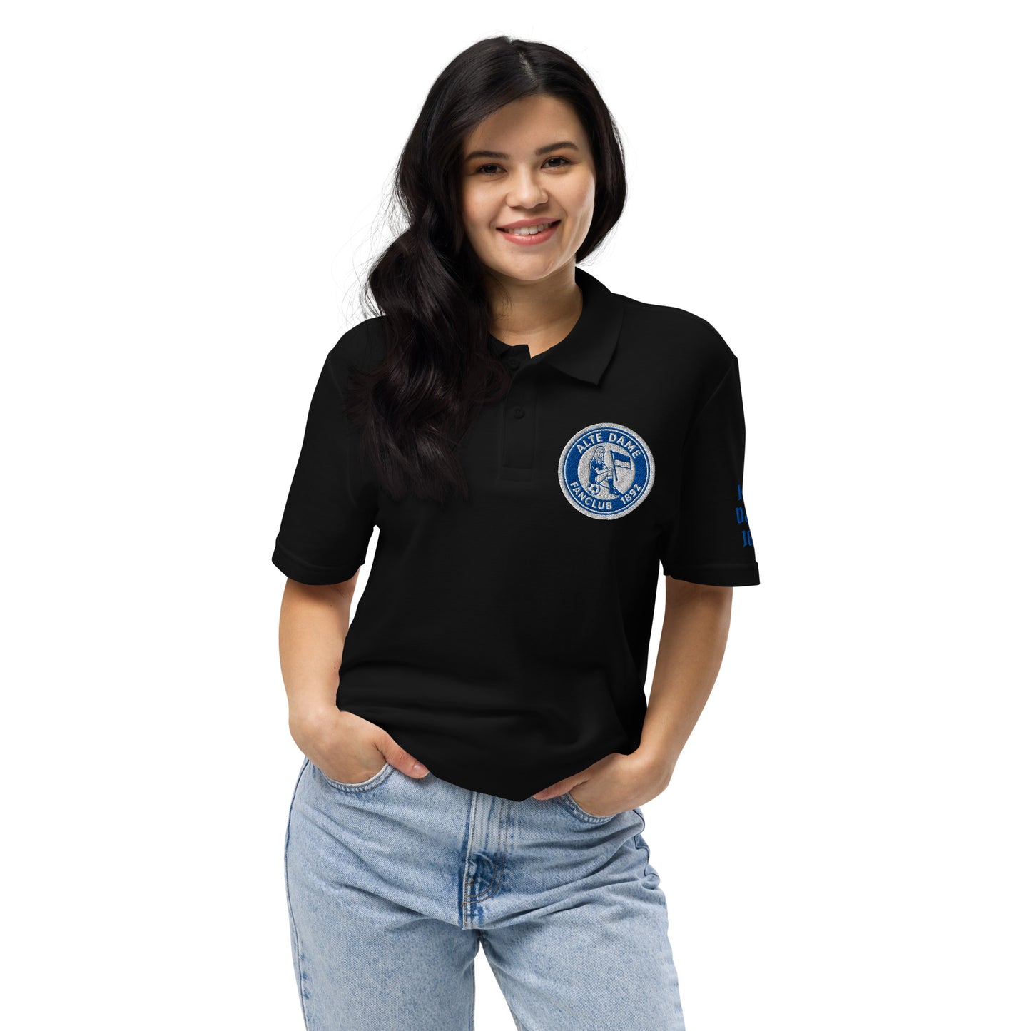 Unisex Piqué-Poloshirt von Sportswear Iron Monkey 23 in Schwarz mit Fanclub Alte Dame 1892 Logo, vorneansichtig.