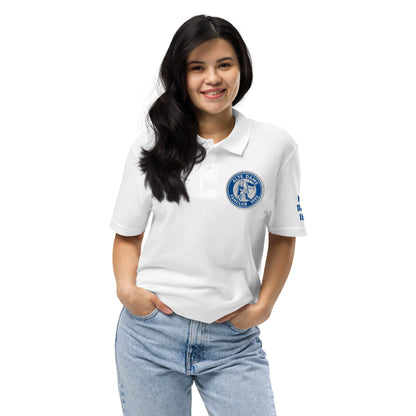 Unisex Piqué-Poloshirt von Sportswear Iron Monkey 23 in Weiß mit Fanclub Alte Dame 1892 Logo, vorne sichtbar.