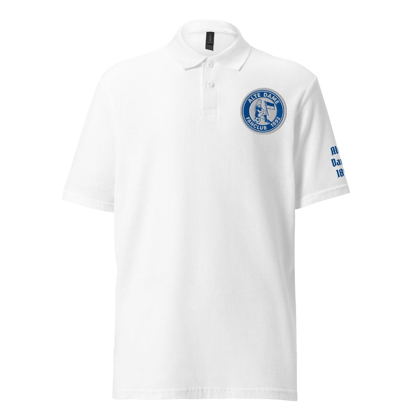 Unisex Piqué-Poloshirt der Marke Sportswear Iron Monkey 23 in Weiß mit Fanclub Alte Dame 1892 Logo, vorne sichtbar.
