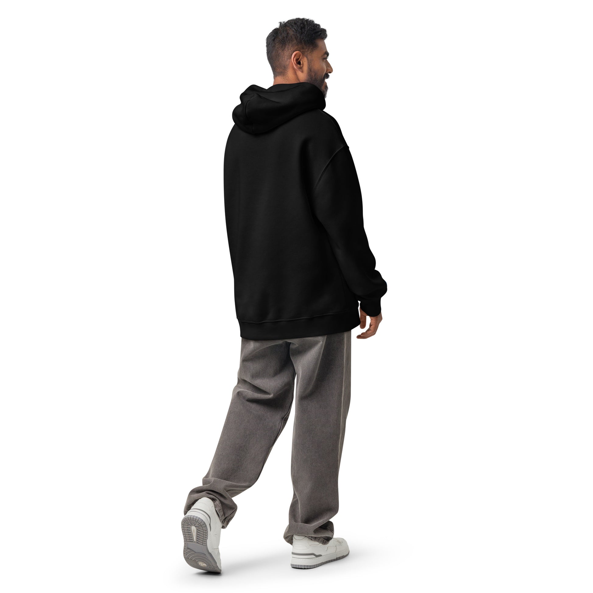 Schwarzweiser Unisex-Relax-Hoodie von Sportswear Iron Monkey 23, Rückenansicht, lockeres Oversized-Design, bequemer Streetwear-Look