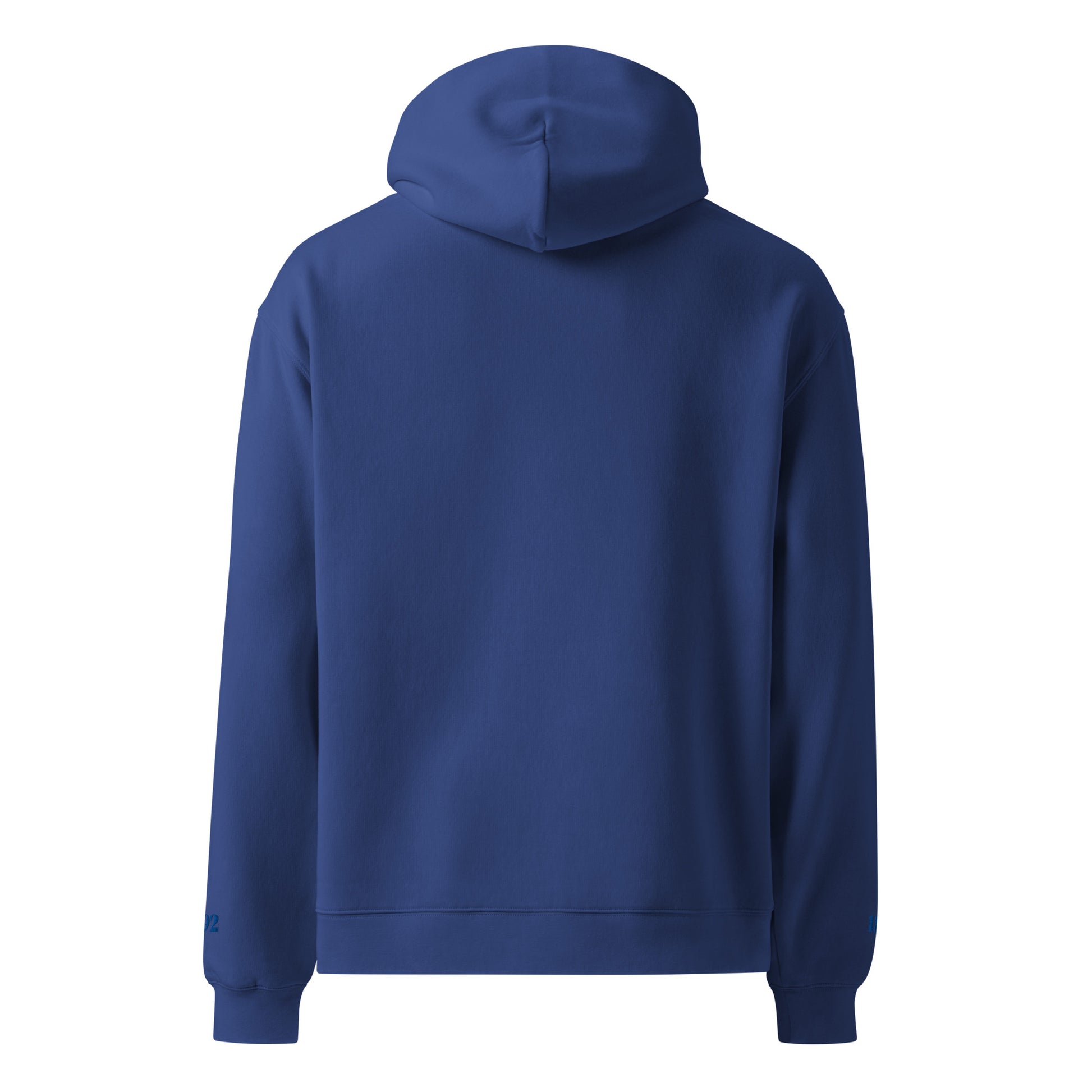Unisex Oversized-Hoodie in Kobaltblau von Sportswear Iron Monkey 23, entspanntes Design, Rückenansicht, bequeme Passform