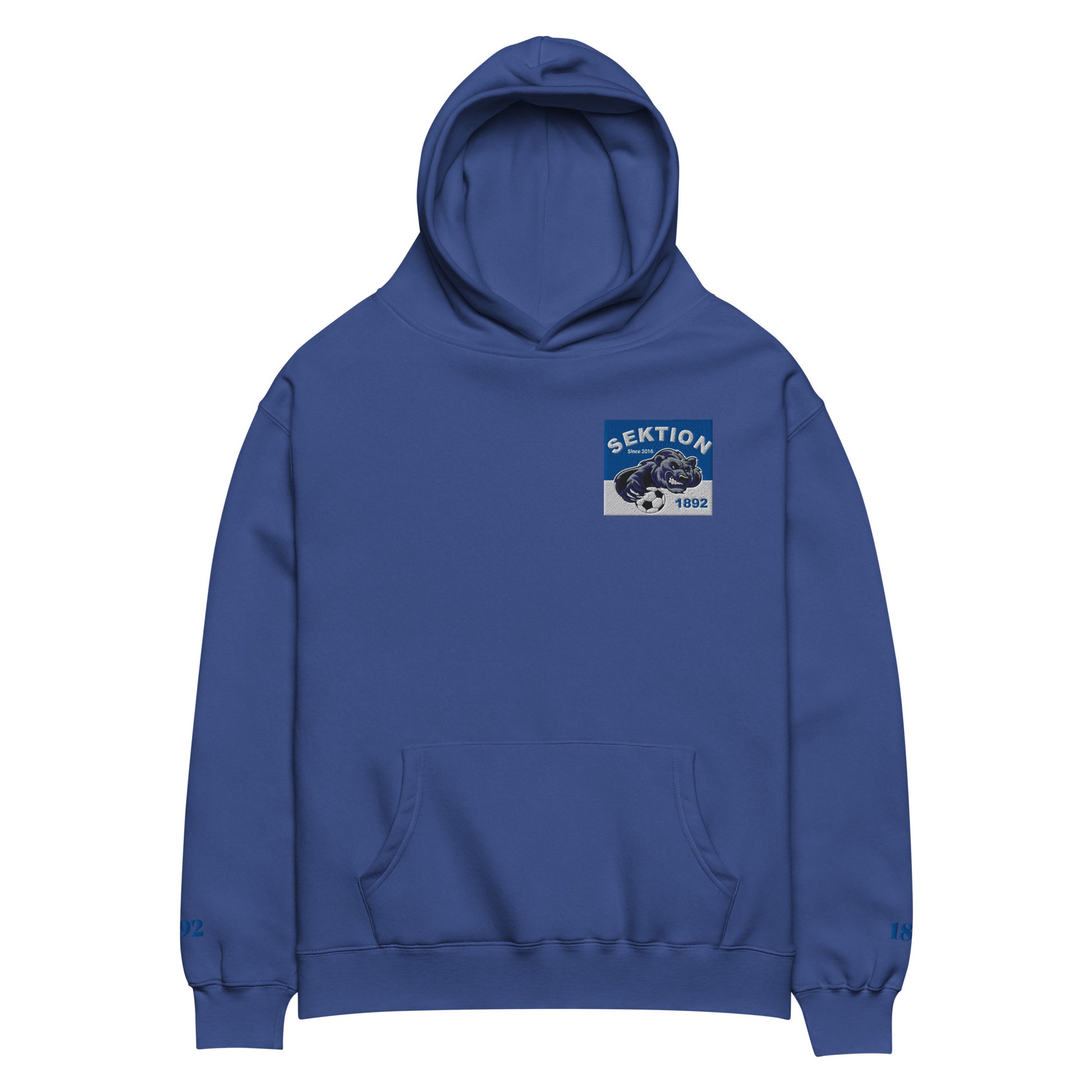 Unisex Relax-Hoodie von Sportswear Iron Monkey 23 in Kobaltblau, oversized Passform, Vorderseite sichtbar.
