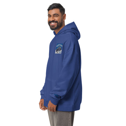 Unisex-Relax-Hoodie von Sportswear Iron Monkey 23 in Kobaltblau, vorne links getragen, oversized, bequemer Streetwear-Look