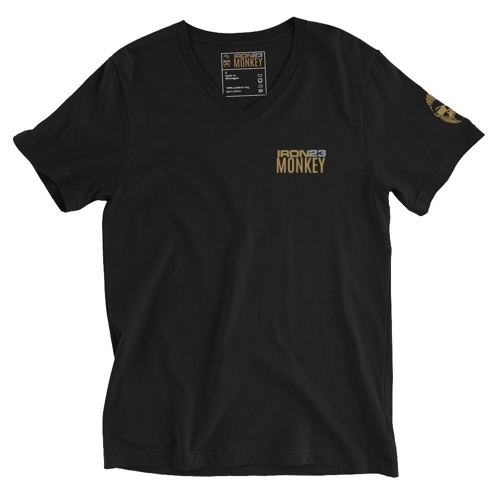 Unisex Monkey T-Shirt mit V-Ausschnitt in Schwarz, kurze Ärmel, Baumwolle, reguläre Passform, von Sportswear Iron Monkey 23.