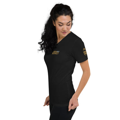 Unisex Monkey T-Shirt V-Ausschnitt, schwarzes Baumwollshirt mit kurzem Arm und Regular Fit, von Sportswear Iron Monkey 23.