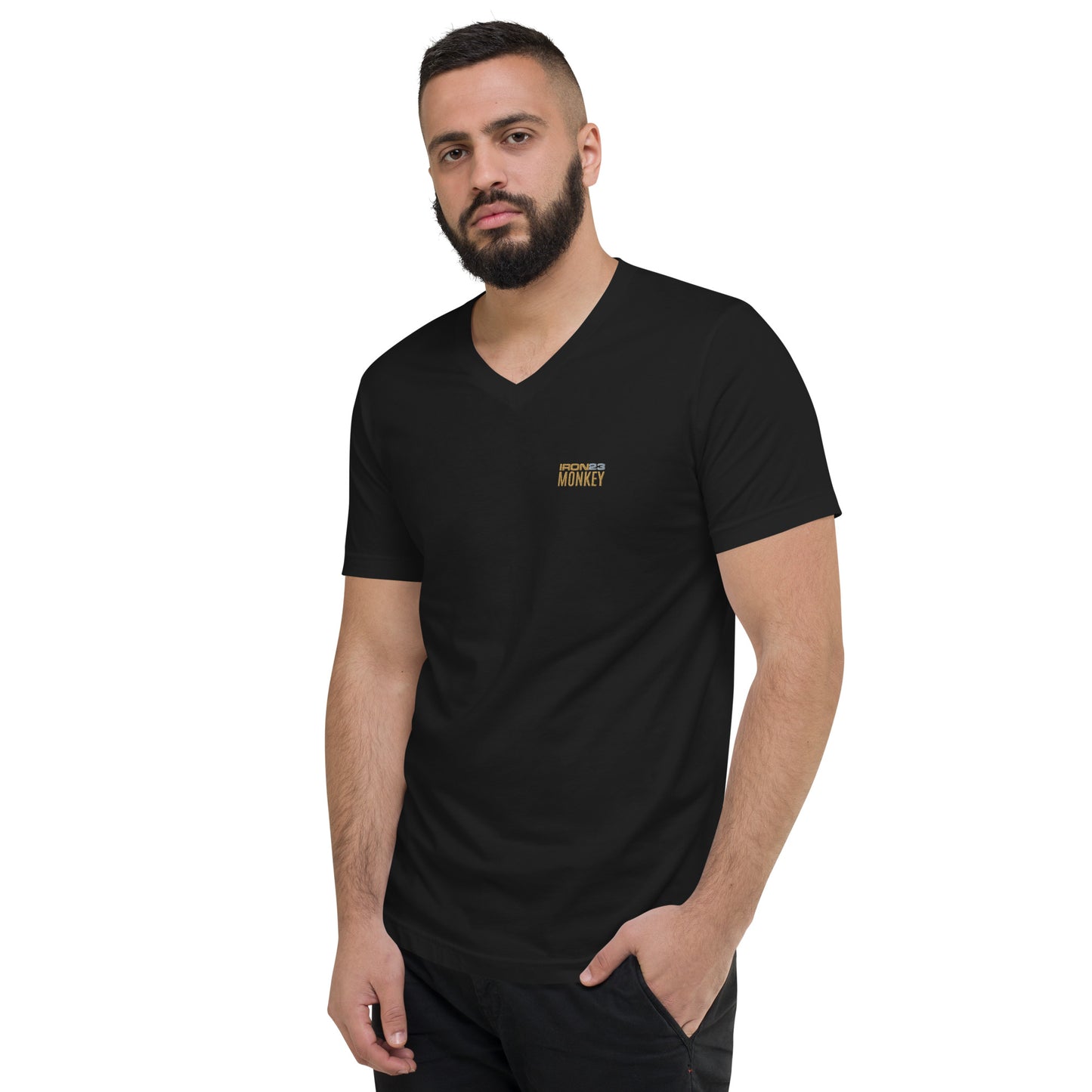 Unisex Kurzarm-T-Shirt von Sportswear Iron Monkey 23 in Schwarz, V-Ausschnitt, 100% Baumwolle, linker Vorderansicht