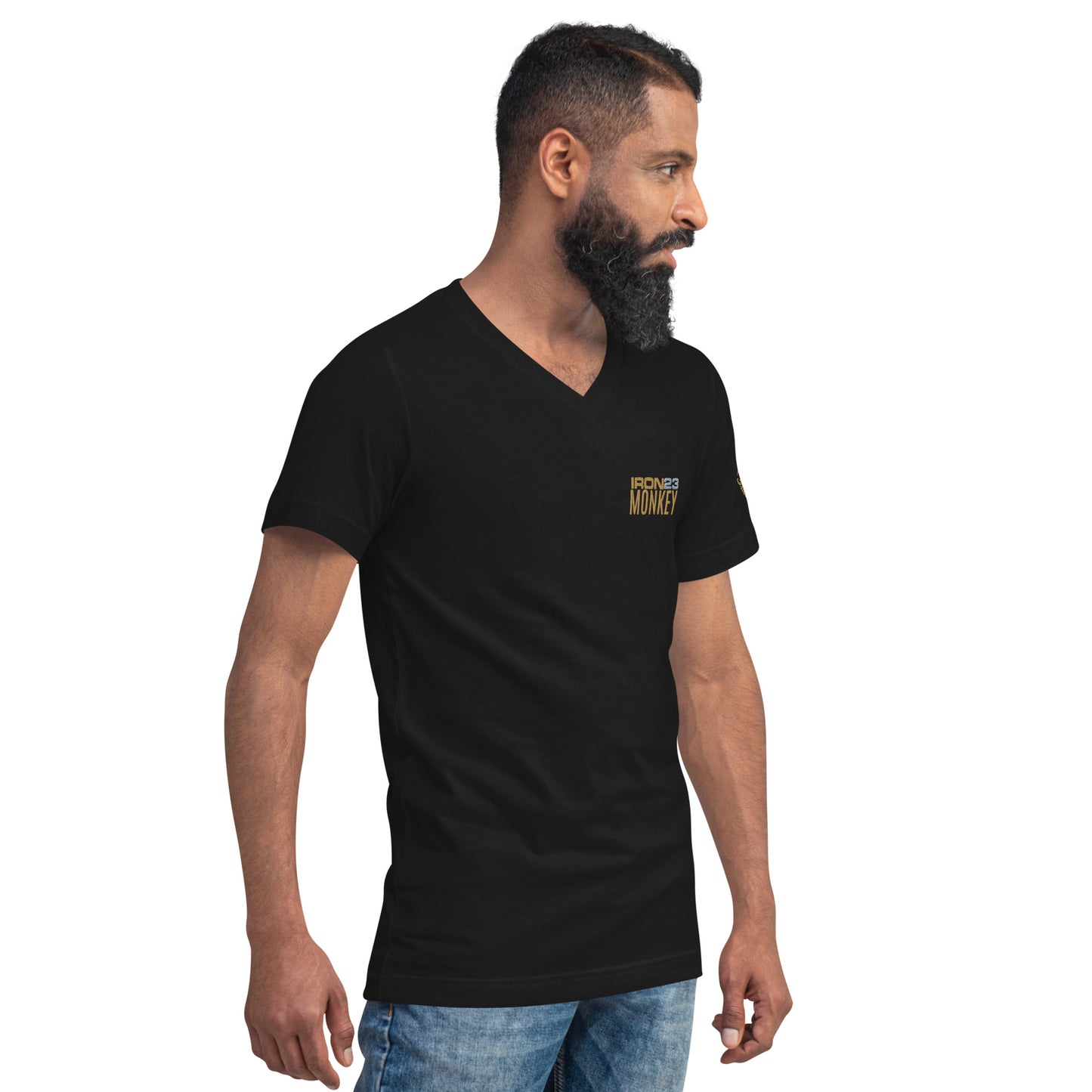 Unisex schwarzes V-Ausschnitt T-Shirt aus 100% Baumwolle von Sportswear Iron Monkey, kurze Ärmel, reguläre Passform, rechte Vorderseite