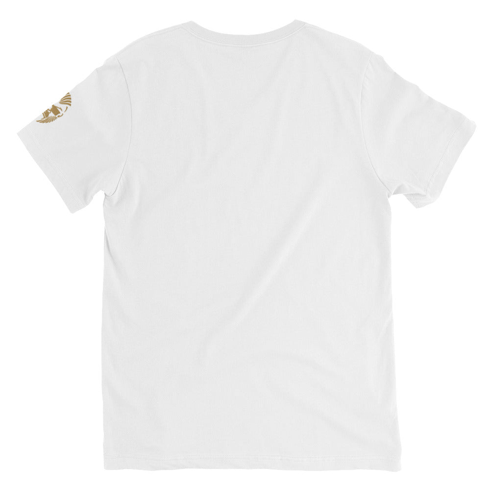 Weißes Unisex Monkey T-Shirt mit V-Ausschnitt von Sportswear Iron Monkey, 100% Baumwolle, Kurzarm, bequemer Regular Fit.
