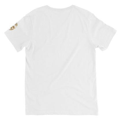 Weißes Unisex Monkey T-Shirt mit V-Ausschnitt von Sportswear Iron Monkey, 100% Baumwolle, Kurzarm, bequemer Regular Fit.